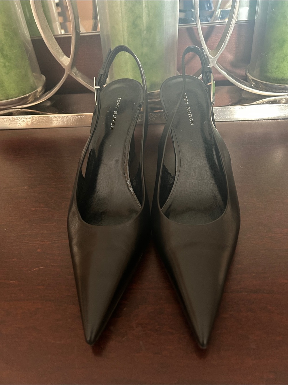 Tory Burch Black Pointed Toe Wedge Slingback Pumps